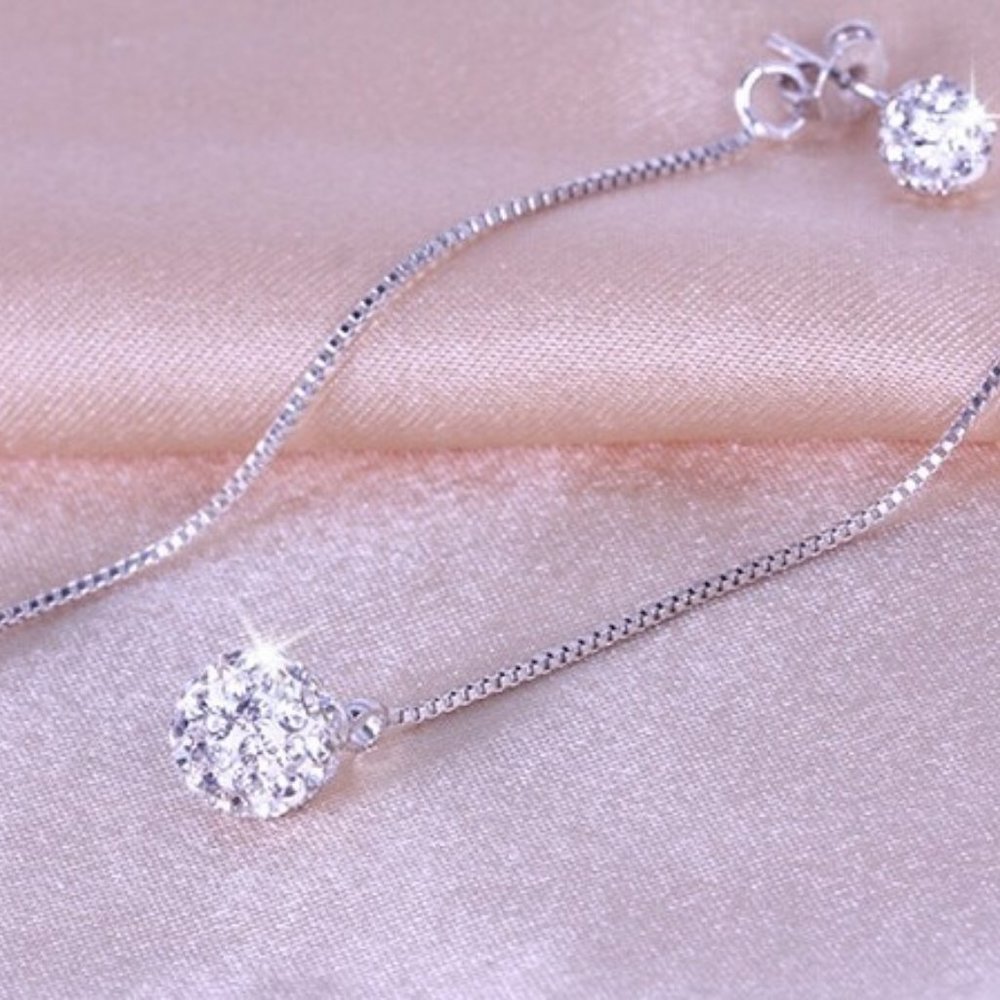 *925 Sterling Silver Diamond Ball Chain Earrings - Picture 7 of 10